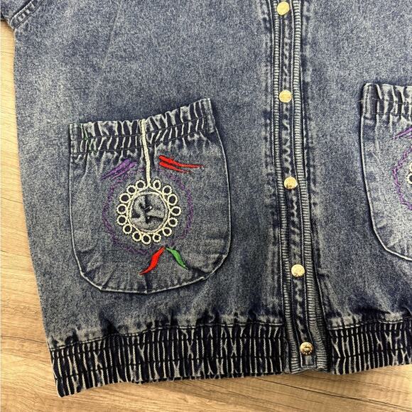 Vintage Embroidered Acid Denim Bomber Jacket Snap Front Large - Picture 4 of 8